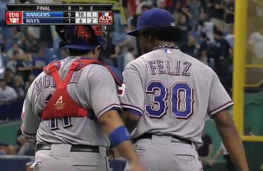 Neftali Feliz a Bengie Molina po prvnm vyhranm zpase v play off